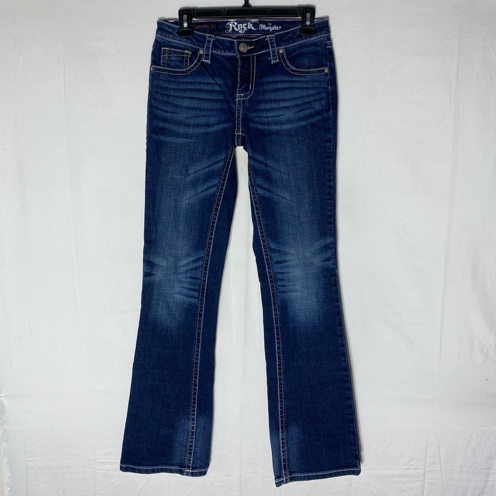 Vintage Y2K Wrangler Rock 47 Distressed Dark Wash Low Rise Boot Cut Jeans 26